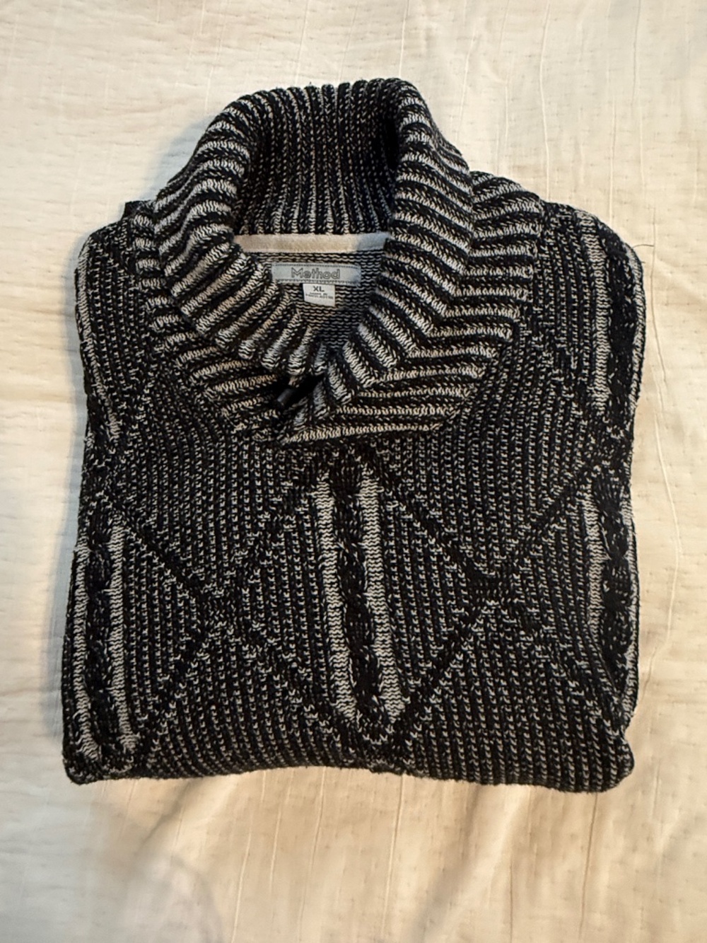 Method Men’s XL Shawl Collar Cotton Blend Knit Sweater Black Gray Pullover EUC